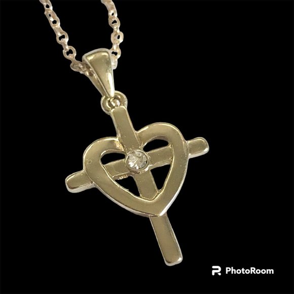 Sacred Heart Cross Necklace 18" Gold Plated Crystal Catholic Christian Gift - Picture 3 of 11